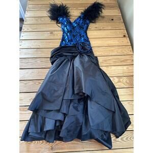 Vintage Union Made Feather Shoulder Sequin Dress Size 7-8 Women’s Black Blue